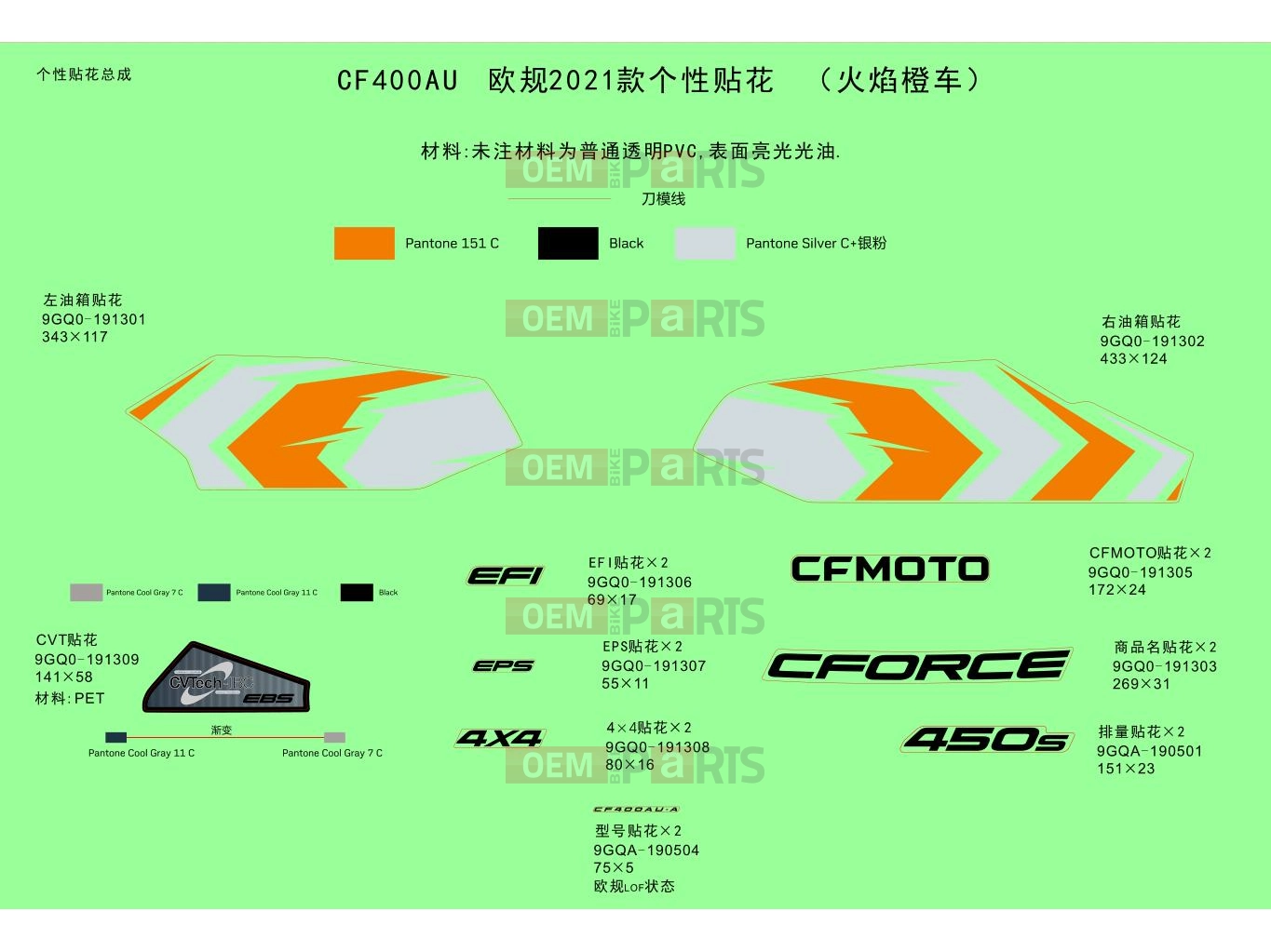 CFMOTO 2021 ATV CFORCE 450 (CF400AU-A) DECAL KITS(LAVA ORANGE)